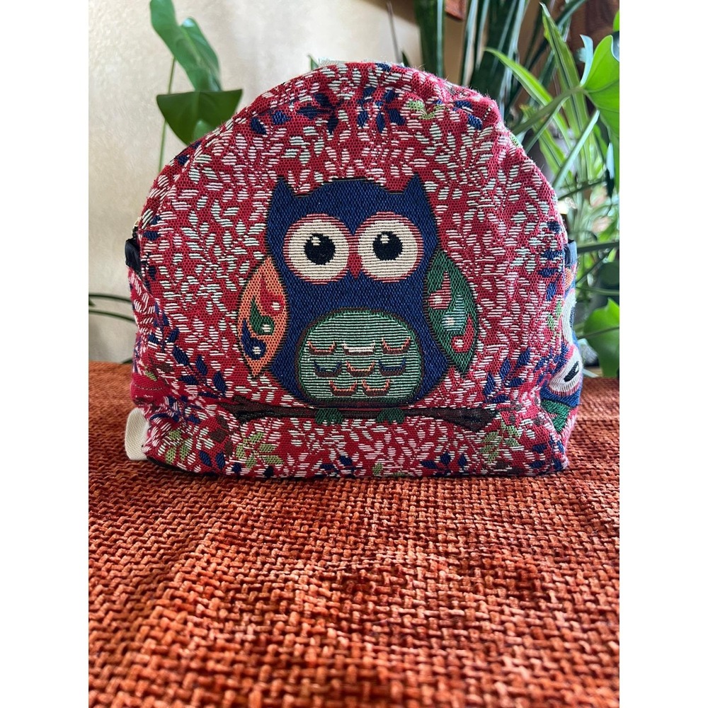 Vintage Whimsy Owl Tapestry‎ Mini Backpack Red Floral Boho Woven Small Rucksack